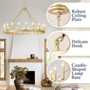 English Elm 39.4Inch Wagon Wheel Chandelier 20 Light Gold Farmhouse Fixture for High Ceiling Rooms W5008P543824