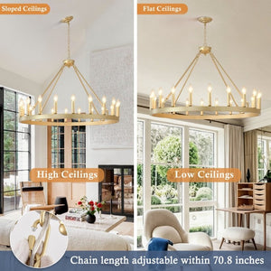 English Elm 39.4Inch Wagon Wheel Chandelier 20 Light Gold Farmhouse Fixture for High Ceiling Rooms W5008P543824