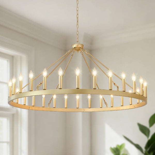English Elm 53.15 Inch Gold Wagon Wheel Chandelier 30 Light Farmhouse Fixture for Dining Foyer W5008P543825