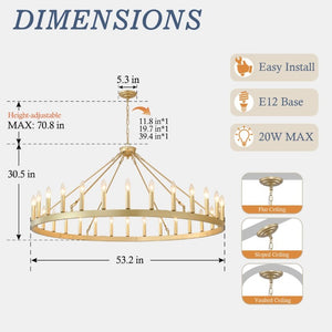 English Elm 53.15 Inch Gold Wagon Wheel Chandelier 30 Light Farmhouse Fixture for Dining Foyer W5008P543825