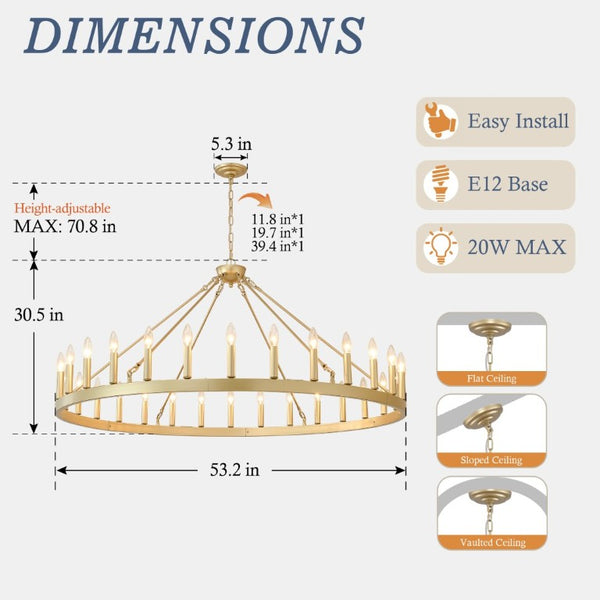 English Elm 53.15 Inch Gold Wagon Wheel Chandelier 30 Light Farmhouse Fixture for Dining Foyer W5008P543825