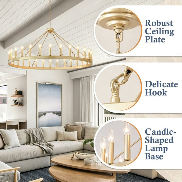 English Elm 53.15 Inch Gold Wagon Wheel Chandelier 30 Light Farmhouse Fixture for Dining Foyer W5008P543825