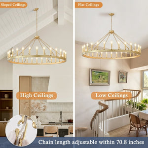 English Elm 53.15 Inch Gold Wagon Wheel Chandelier 30 Light Farmhouse Fixture for Dining Foyer W5008P543825