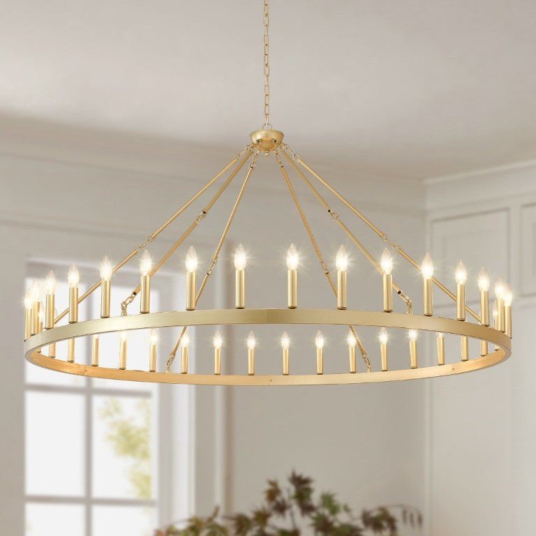 English Elm 63.8 Inch Wagon Wheel Chandelier Gold Wrought Iron 36-Light Farmhouse Great Room Fixture W5008P543830