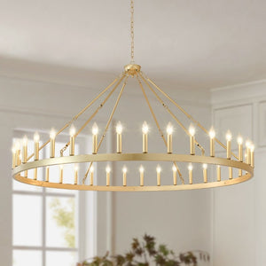English Elm 63.8 Inch Wagon Wheel Chandelier Gold Wrought Iron 36-Light Farmhouse Great Room Fixture W5008P543830