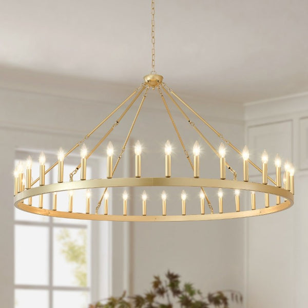 English Elm 63.8 Inch Wagon Wheel Chandelier Gold Wrought Iron 36-Light Farmhouse Great Room Fixture W5008P543830