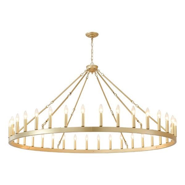 English Elm 63.8 Inch Wagon Wheel Chandelier Gold Wrought Iron 36-Light Farmhouse Great Room Fixture W5008P543830
