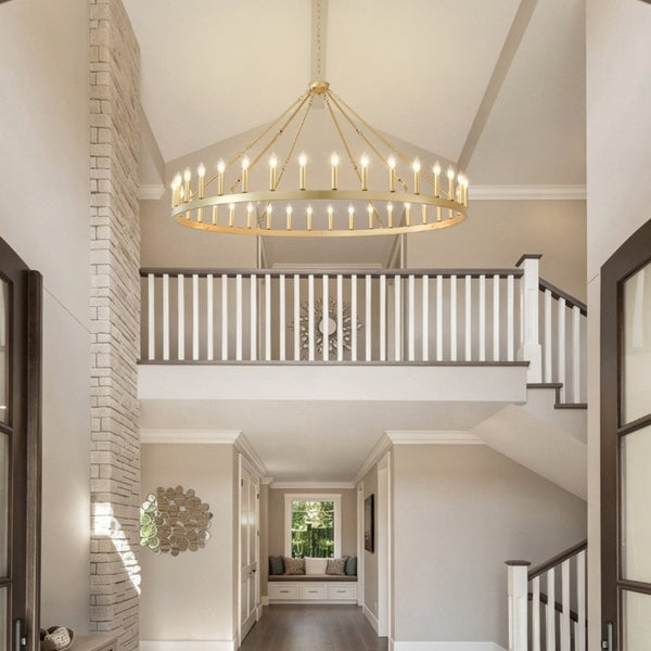 English Elm 63.8 Inch Wagon Wheel Chandelier Gold Wrought Iron 36-Light Farmhouse Great Room Fixture W5008P543830