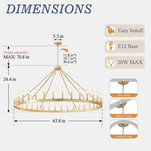 English Elm 63.8 Inch Wagon Wheel Chandelier Gold Wrought Iron 36-Light Farmhouse Great Room Fixture W5008P543830