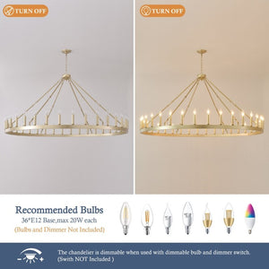 English Elm 63.8 Inch Wagon Wheel Chandelier Gold Wrought Iron 36-Light Farmhouse Great Room Fixture W5008P543830