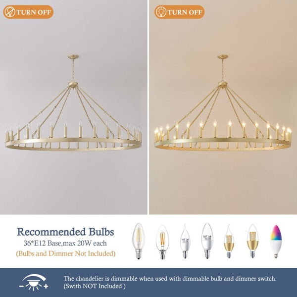 English Elm 63.8 Inch Wagon Wheel Chandelier Gold Wrought Iron 36-Light Farmhouse Great Room Fixture W5008P543830