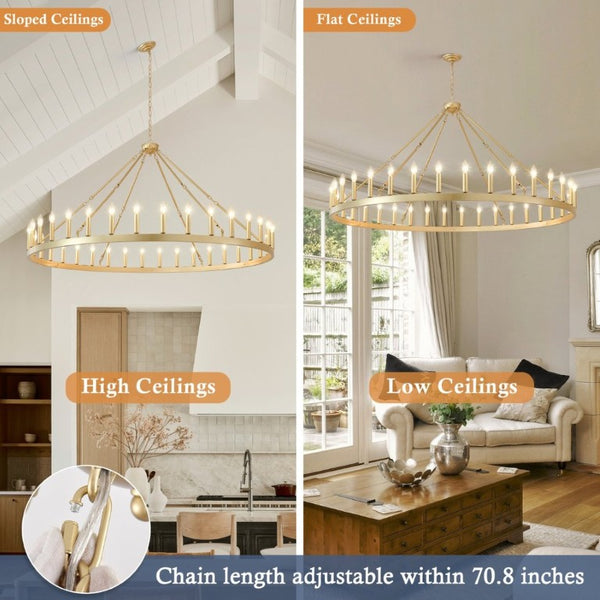 English Elm 63.8 Inch Wagon Wheel Chandelier Gold Wrought Iron 36-Light Farmhouse Great Room Fixture W5008P543830