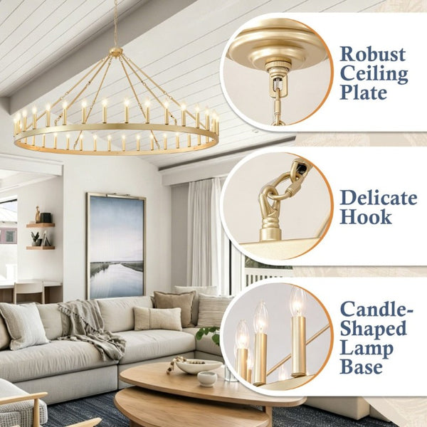 English Elm 63.8 Inch Wagon Wheel Chandelier Gold Wrought Iron 36-Light Farmhouse Great Room Fixture W5008P543830