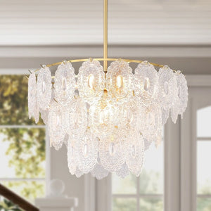 English Elm 9-Light Farmhouse Chandelier Seeded Glass Copper Rectangular Frame Kitchen Island W5008P543856
