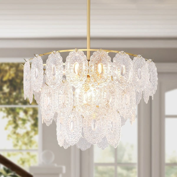 English Elm 9-Light Farmhouse Chandelier Seeded Glass Copper Rectangular Frame Kitchen Island W5008P543856
