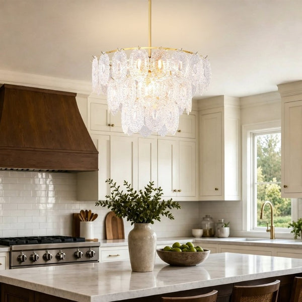 English Elm 9-Light Farmhouse Chandelier Seeded Glass Copper Rectangular Frame Kitchen Island W5008P543856