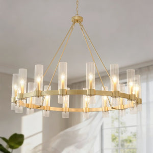 English Elm 50.4 Inch Gold Wagon Wheel Chandelier 16 Seeded Glass Shades for Dining Foyer W5008P543983