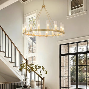 English Elm 50.4 Inch Gold Wagon Wheel Chandelier 16 Seeded Glass Shades for Dining Foyer W5008P543983
