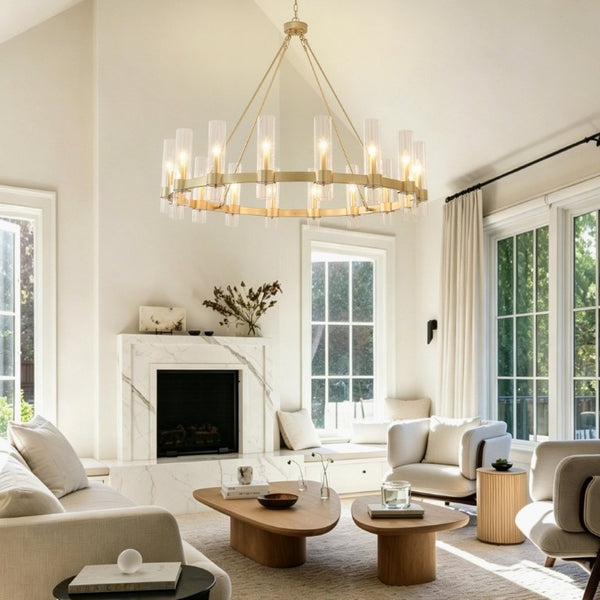 English Elm 50.4 Inch Gold Wagon Wheel Chandelier 16 Seeded Glass Shades for Dining Foyer W5008P543983