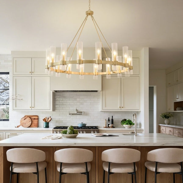 English Elm 50.4 Inch Gold Wagon Wheel Chandelier 16 Seeded Glass Shades for Dining Foyer W5008P543983