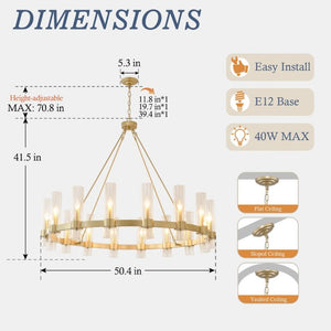 English Elm 50.4 Inch Gold Wagon Wheel Chandelier 16 Seeded Glass Shades for Dining Foyer W5008P543983