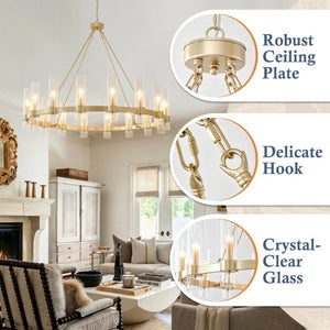 English Elm 50.4 Inch Gold Wagon Wheel Chandelier 16 Seeded Glass Shades for Dining Foyer W5008P543983
