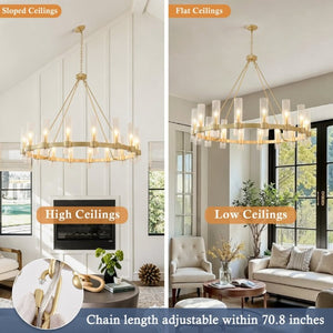 English Elm 50.4 Inch Gold Wagon Wheel Chandelier 16 Seeded Glass Shades for Dining Foyer W5008P543983