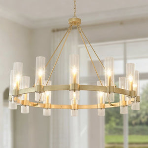 English Elm 45.7 Inch Gold Wagon Wheel Chandelier 12 Seeded Glass Shades Farmhouse Dining Room W5008P543988