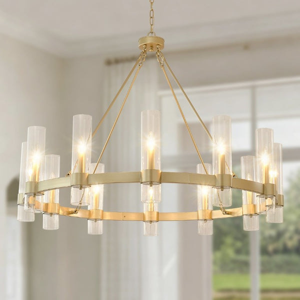 English Elm 45.7 Inch Gold Wagon Wheel Chandelier 12 Seeded Glass Shades Farmhouse Dining Room W5008P543988