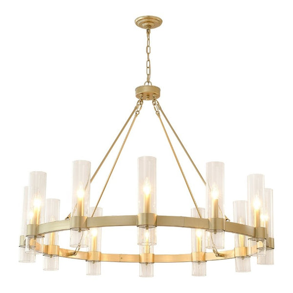 English Elm 45.7 Inch Gold Wagon Wheel Chandelier 12 Seeded Glass Shades Farmhouse Dining Room W5008P543988