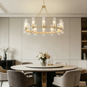 English Elm 45.7 Inch Gold Wagon Wheel Chandelier 12 Seeded Glass Shades Farmhouse Dining Room W5008P543988