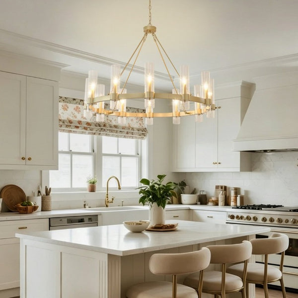 English Elm 45.7 Inch Gold Wagon Wheel Chandelier 12 Seeded Glass Shades Farmhouse Dining Room W5008P543988