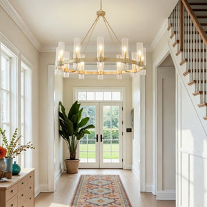 English Elm 45.7 Inch Gold Wagon Wheel Chandelier 12 Seeded Glass Shades Farmhouse Dining Room W5008P543988