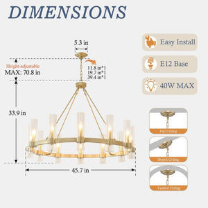 English Elm 45.7 Inch Gold Wagon Wheel Chandelier 12 Seeded Glass Shades Farmhouse Dining Room W5008P543988