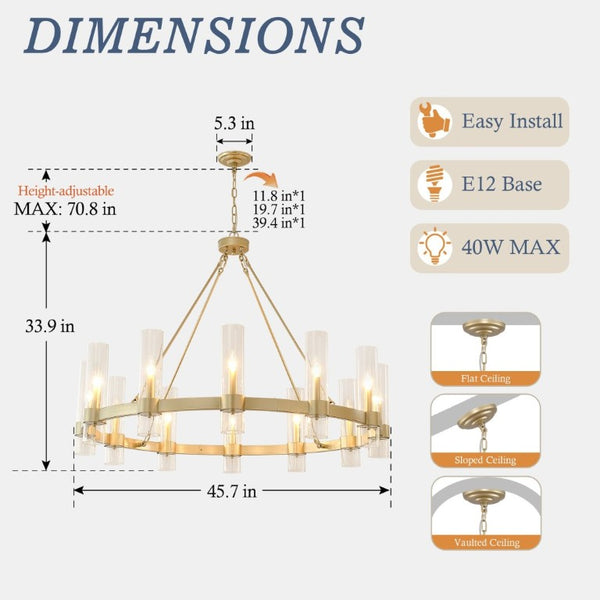 English Elm 45.7 Inch Gold Wagon Wheel Chandelier 12 Seeded Glass Shades Farmhouse Dining Room W5008P543988