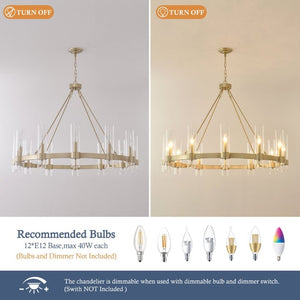 English Elm 45.7 Inch Gold Wagon Wheel Chandelier 12 Seeded Glass Shades Farmhouse Dining Room W5008P543988