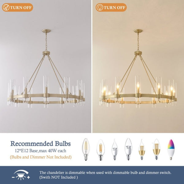 English Elm 45.7 Inch Gold Wagon Wheel Chandelier 12 Seeded Glass Shades Farmhouse Dining Room W5008P543988
