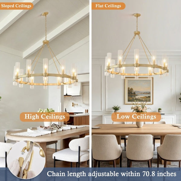 English Elm 45.7 Inch Gold Wagon Wheel Chandelier 12 Seeded Glass Shades Farmhouse Dining Room W5008P543988