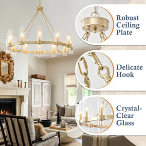 English Elm 45.7 Inch Gold Wagon Wheel Chandelier 12 Seeded Glass Shades Farmhouse Dining Room W5008P543988