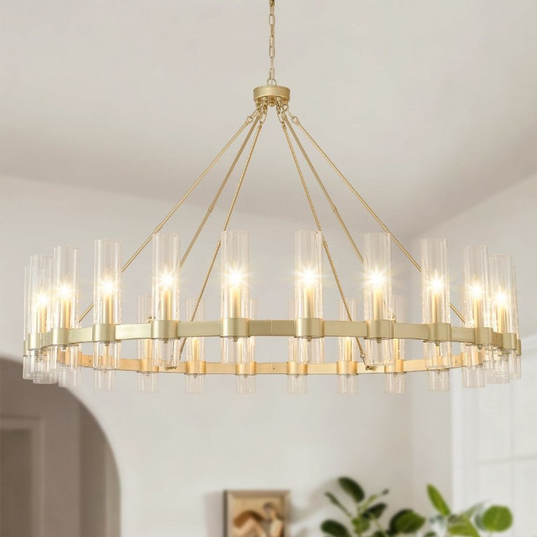 English Elm 61.4 Inch Gold Wagon Wheel Chandelier 24 Light Seeded Glass Industrial Farmhouse Foyer W5008P543993