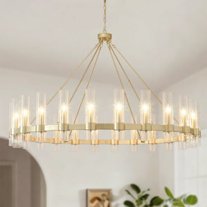 English Elm 61.4 Inch Gold Wagon Wheel Chandelier 24 Light Seeded Glass Industrial Farmhouse Foyer W5008P543993