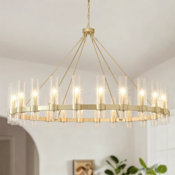 English Elm 61.4 Inch Gold Wagon Wheel Chandelier 24 Light Seeded Glass Industrial Farmhouse Foyer W5008P543993