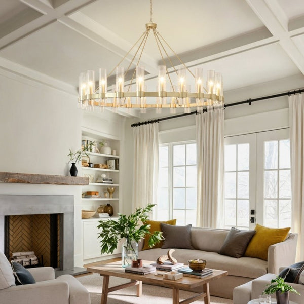 English Elm 61.4 Inch Gold Wagon Wheel Chandelier 24 Light Seeded Glass Industrial Farmhouse Foyer W5008P543993