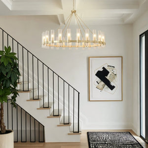 English Elm 61.4 Inch Gold Wagon Wheel Chandelier 24 Light Seeded Glass Industrial Farmhouse Foyer W5008P543993