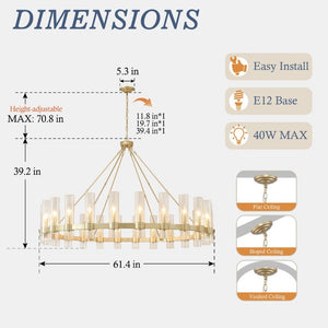 English Elm 61.4 Inch Gold Wagon Wheel Chandelier 24 Light Seeded Glass Industrial Farmhouse Foyer W5008P543993