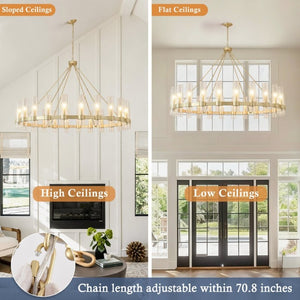 English Elm 61.4 Inch Gold Wagon Wheel Chandelier 24 Light Seeded Glass Industrial Farmhouse Foyer W5008P543993