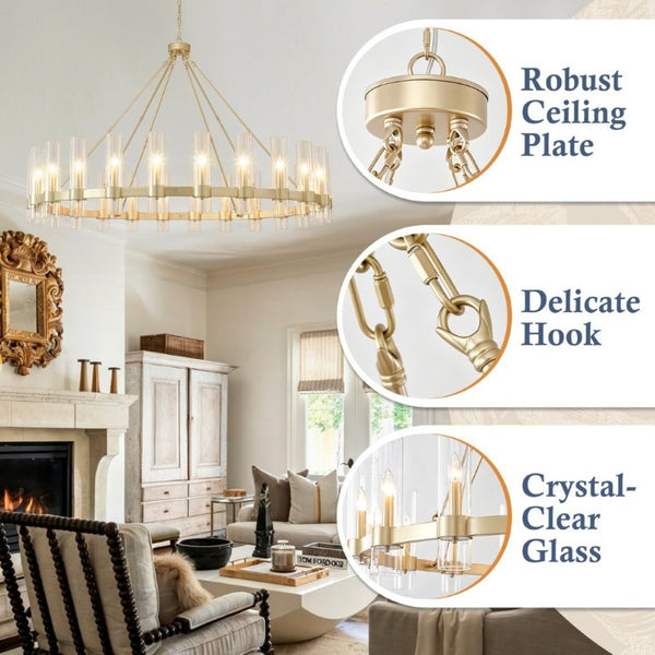English Elm 61.4 Inch Gold Wagon Wheel Chandelier 24 Light Seeded Glass Industrial Farmhouse Foyer W5008P543993