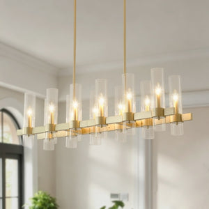 English Elm Gold 12 Light Linear Chandelier Seeded Glass Shades Modern Farmhouse Dining Fixture W5008P544122