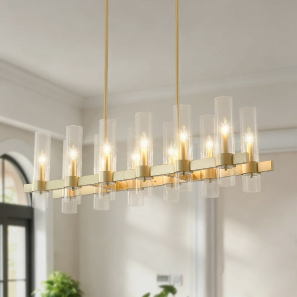 English Elm Gold 12 Light Linear Chandelier Seeded Glass Shades Modern Farmhouse Dining Fixture W5008P544122