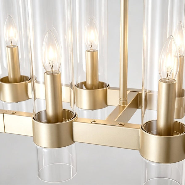 English Elm Gold 12 Light Linear Chandelier Seeded Glass Shades Modern Farmhouse Dining Fixture W5008P544122